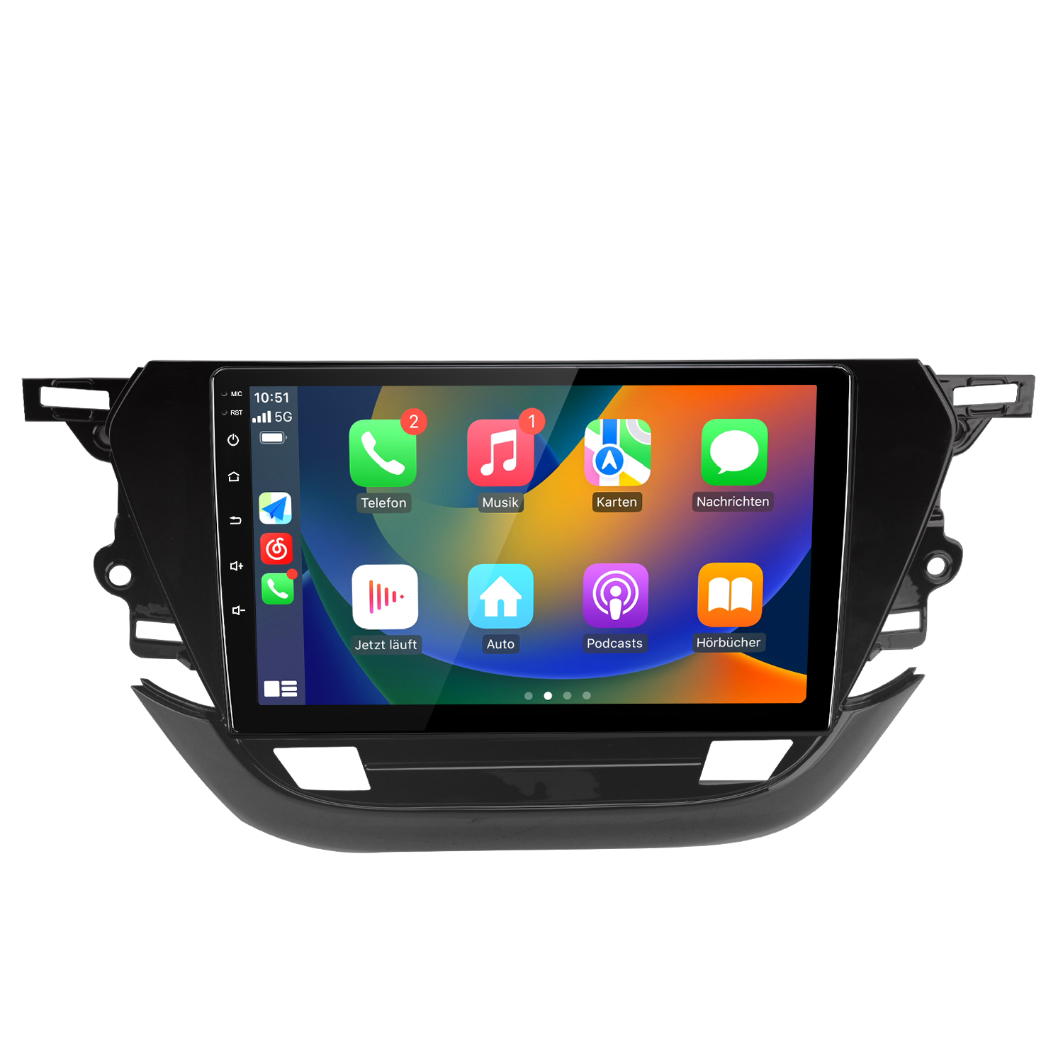 Ein Auto-Infotainment-System mit einem Touchscreen, der Apps wie Telefon, Musik und Karten anzeigt.
