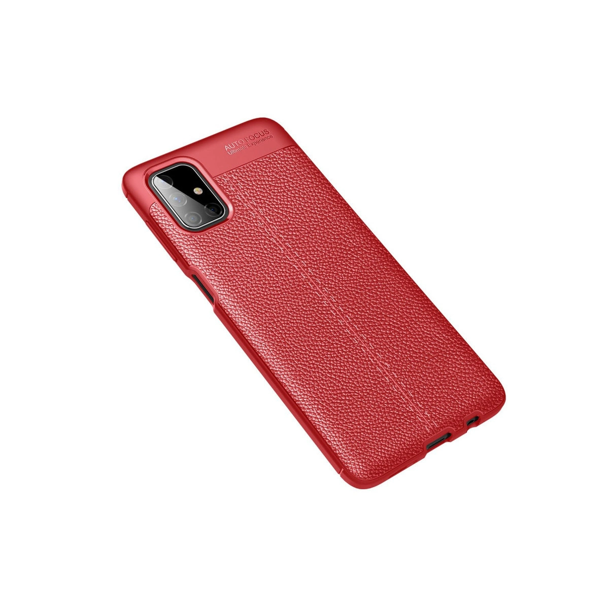 Doku yüzeyli ve kamera modüllü kırmızı telefon kılıfı.