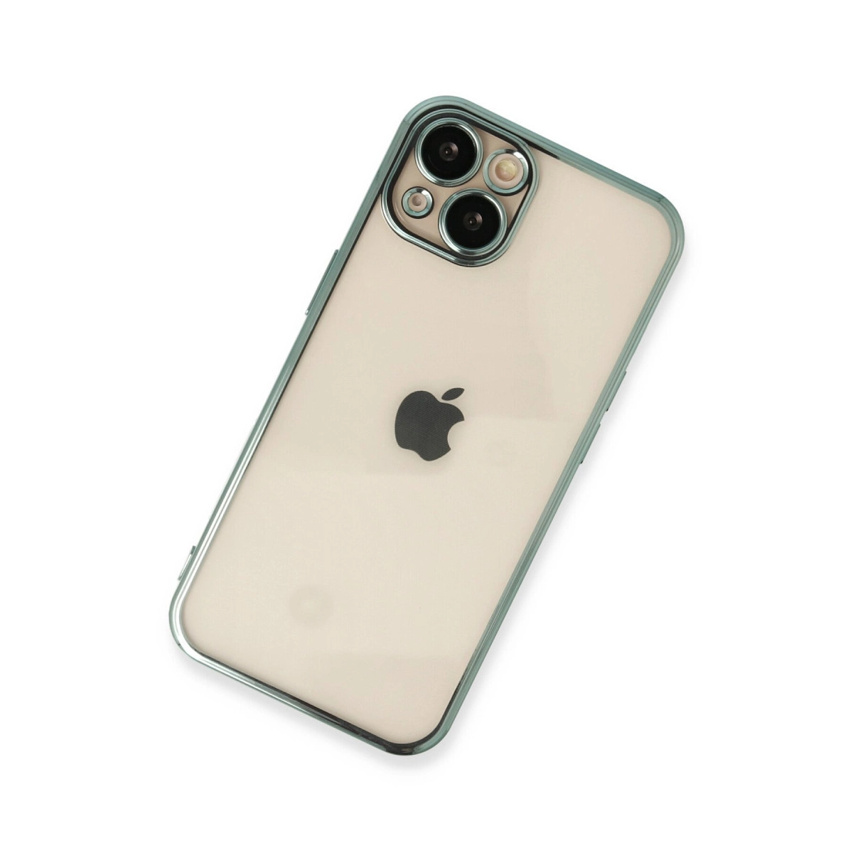 Beyaz arka plan üzerinde üç kameralı, Apple logolu açık renk iPhone.