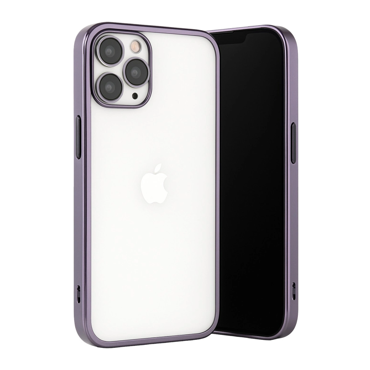 Şeffaf arka ve kamera modülüne sahip mor iPhone kılıfı.