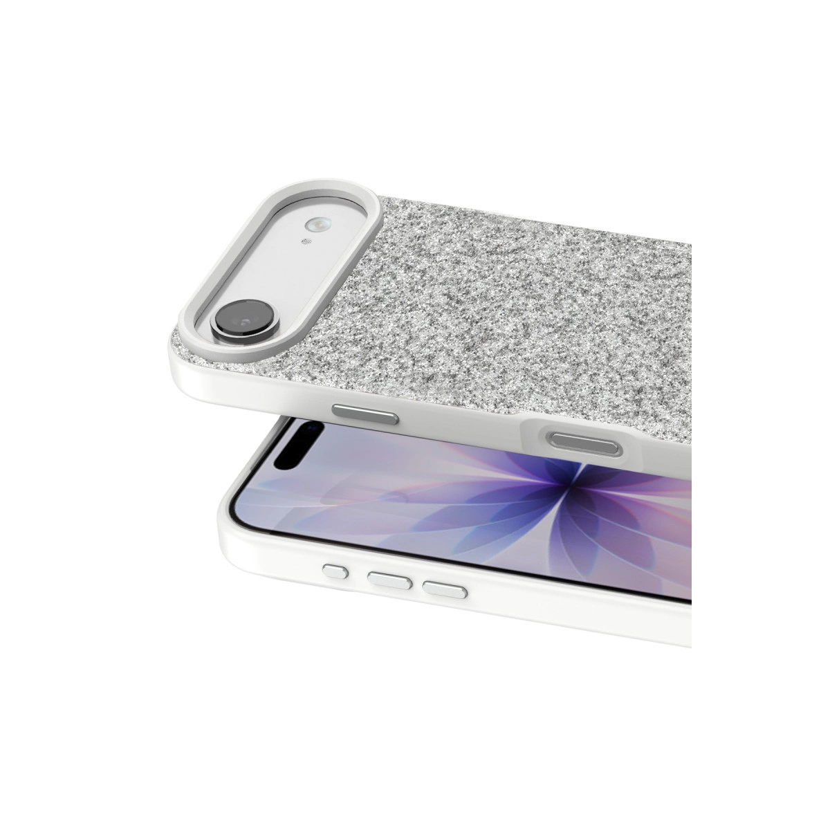 Simli arkası ve kamera kesimli beyaz telefon kılıfı.
