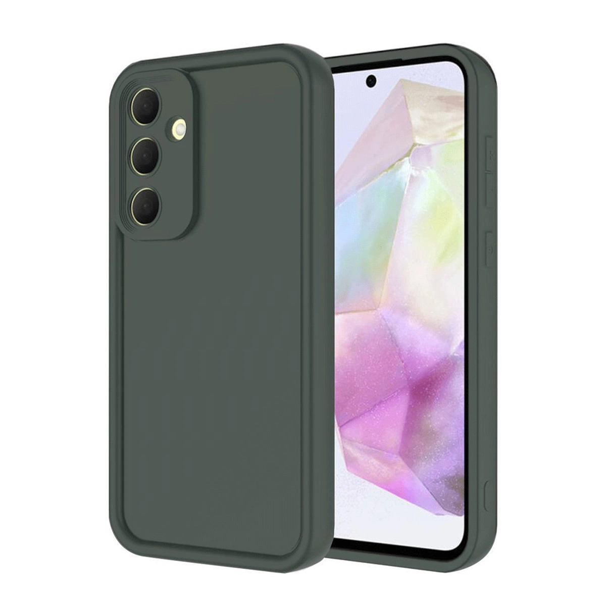 Üç kameralı koyu gri telefon ve simüle edilmiş ekran.