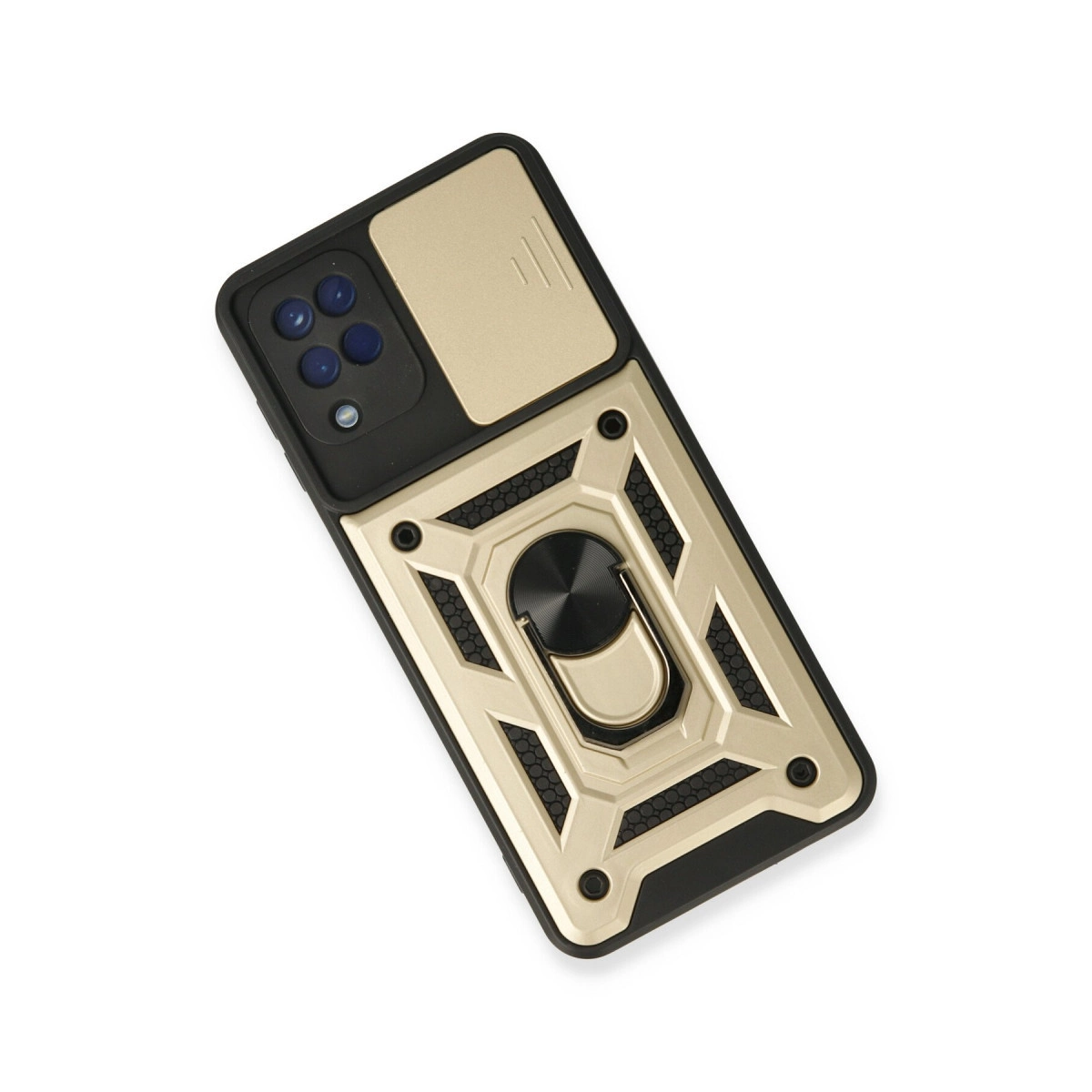 Halkalı tutuculu ve kayar lens kapaklı altın rengi telefon kılıfı.