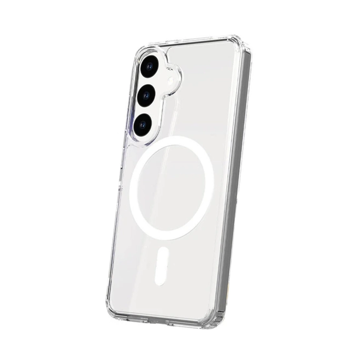 Üç kameralı şeffaf telefon kılıfı, beyaz arka planda manyetik halka.