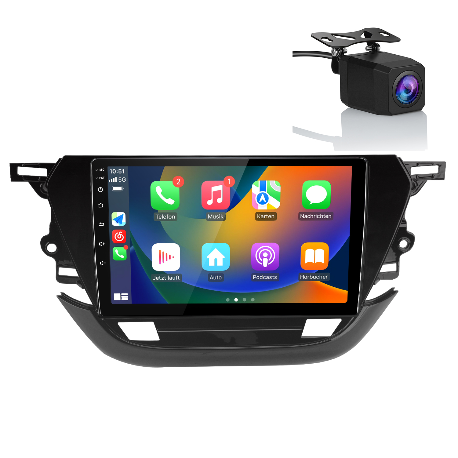 Ein Auto-Infotainmentsystem mit Apps und eine Rückfahrkamera.