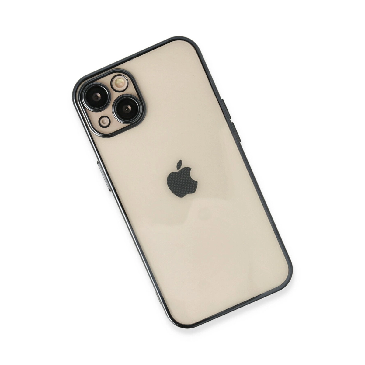 Beyaz arka plan üzerinde siyah çerçeveli ve üç kameralı altın iPhone.