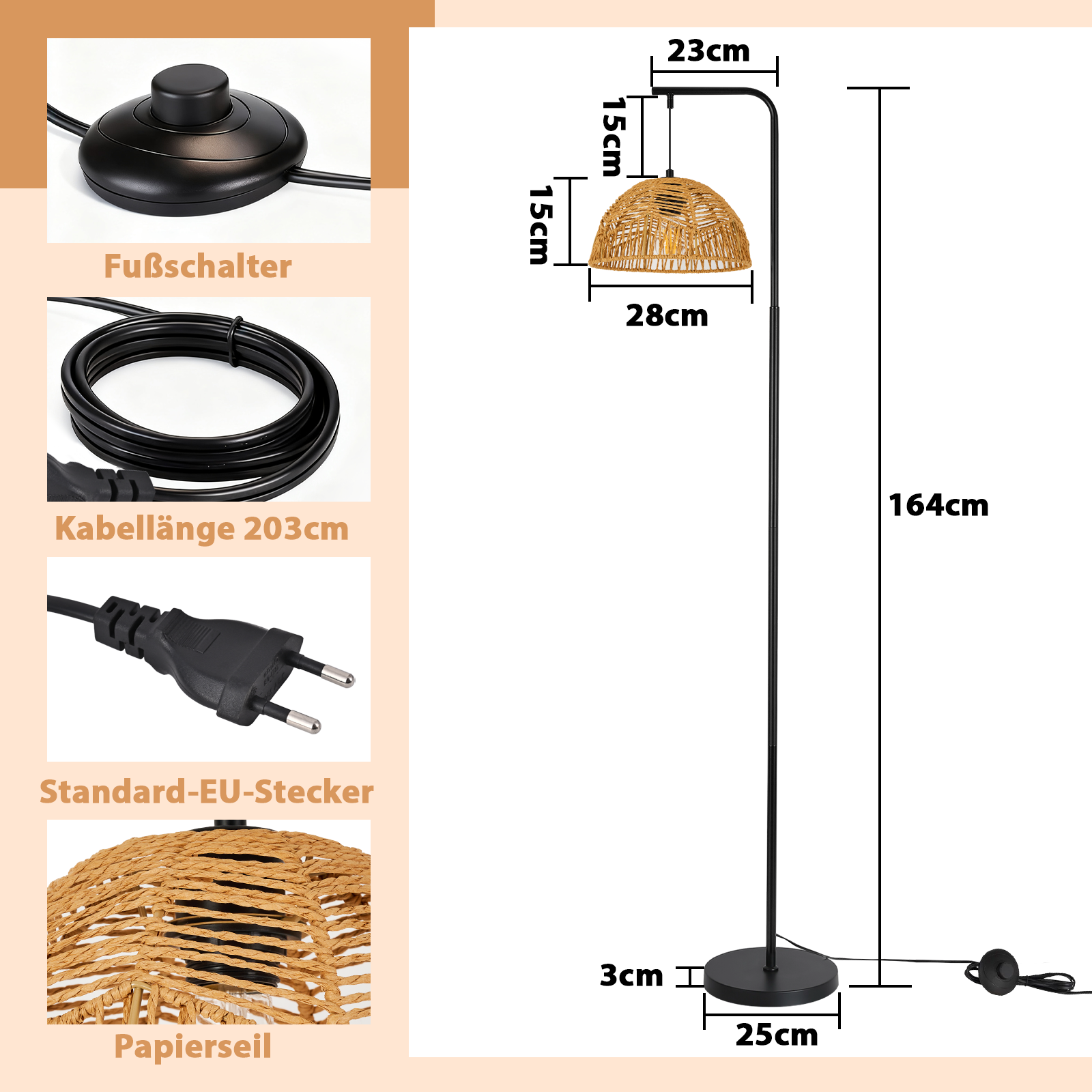 Lampada da terra alta 164cm con paralume intrecciato, dimensioni indicate.