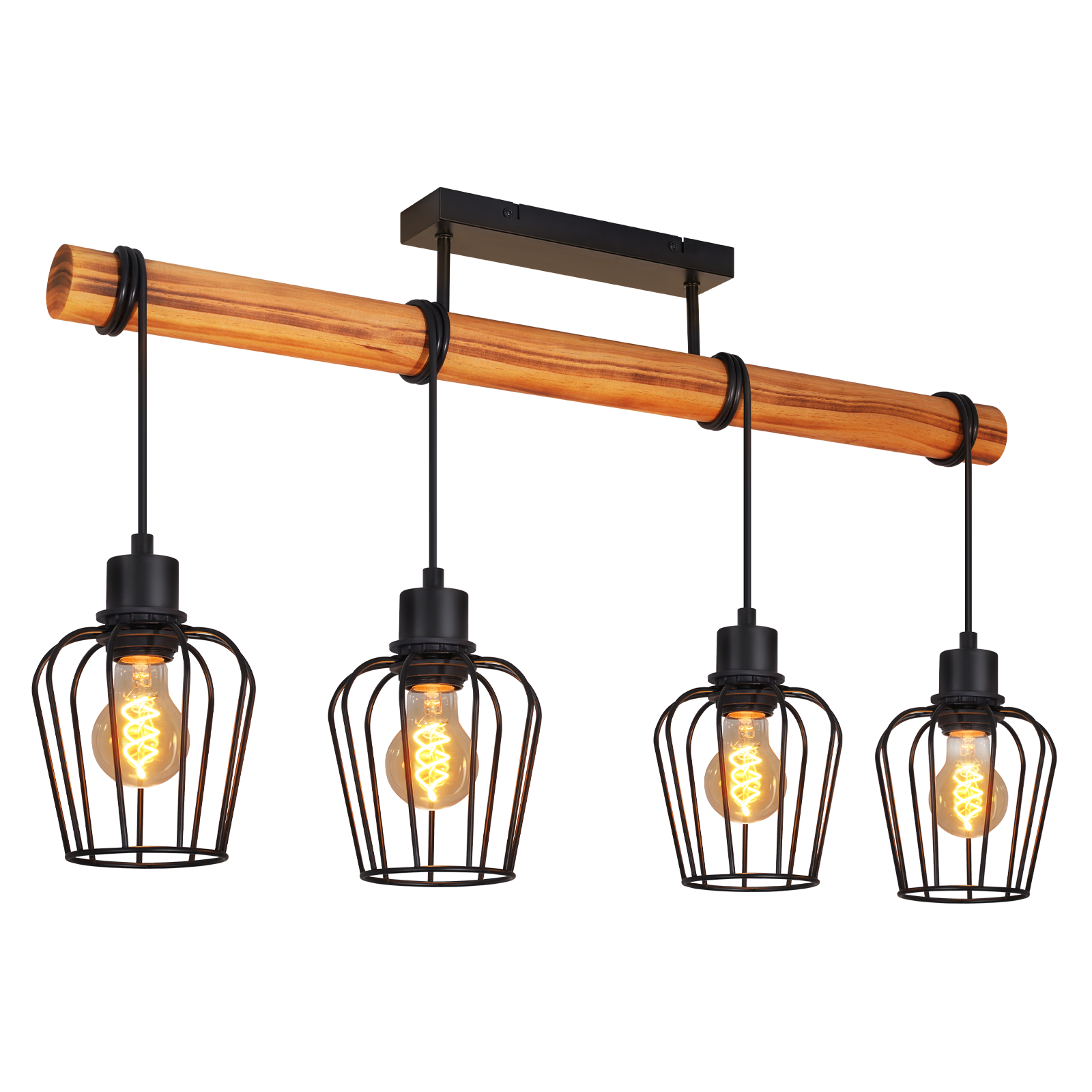 Lampada a sospensione con trave in legno, gabbie metalliche e lampadine.