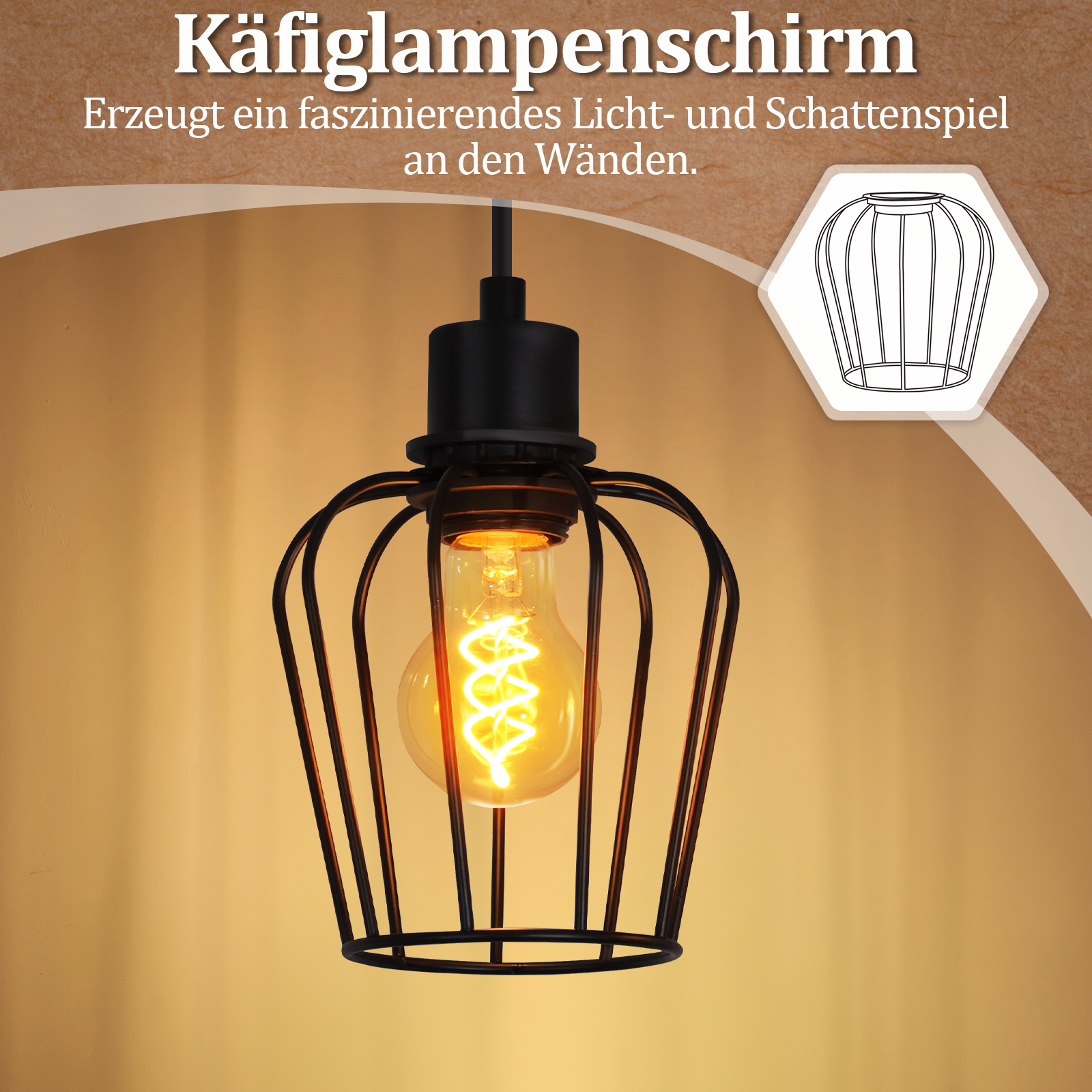 Un paralume a gabbia nero con una lampadina in stile industriale.