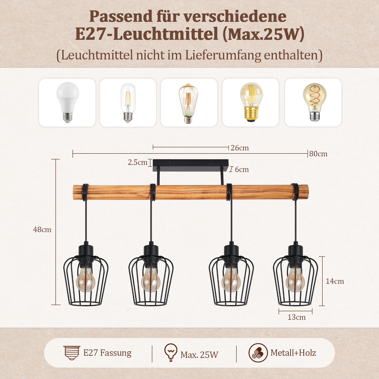 Lampada a sospensione in legno con quattro paralumi a gabbia in metallo nero.