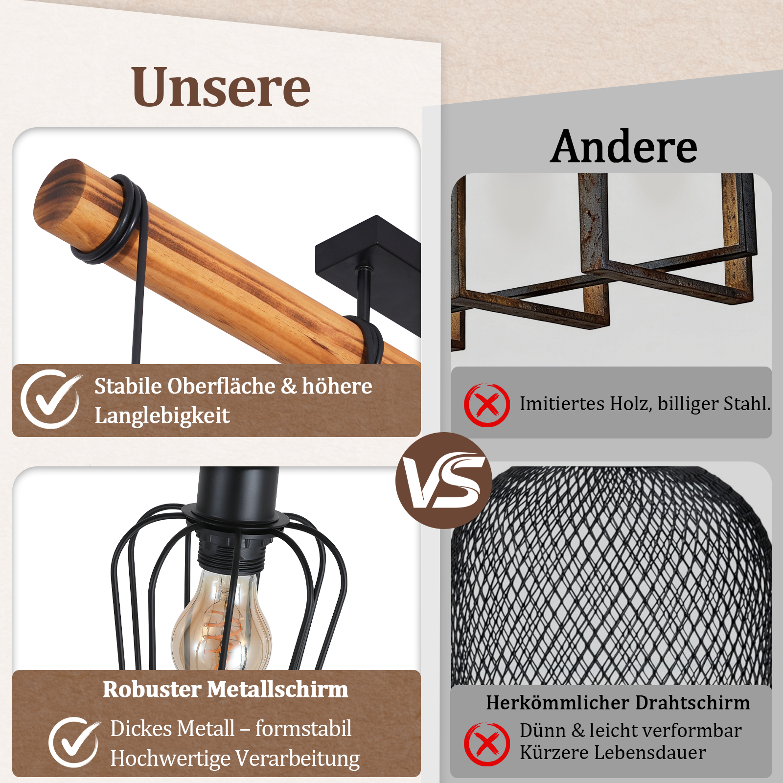 Confronto lampade: legno massello e metallo vs. imitazione e filo sottile.