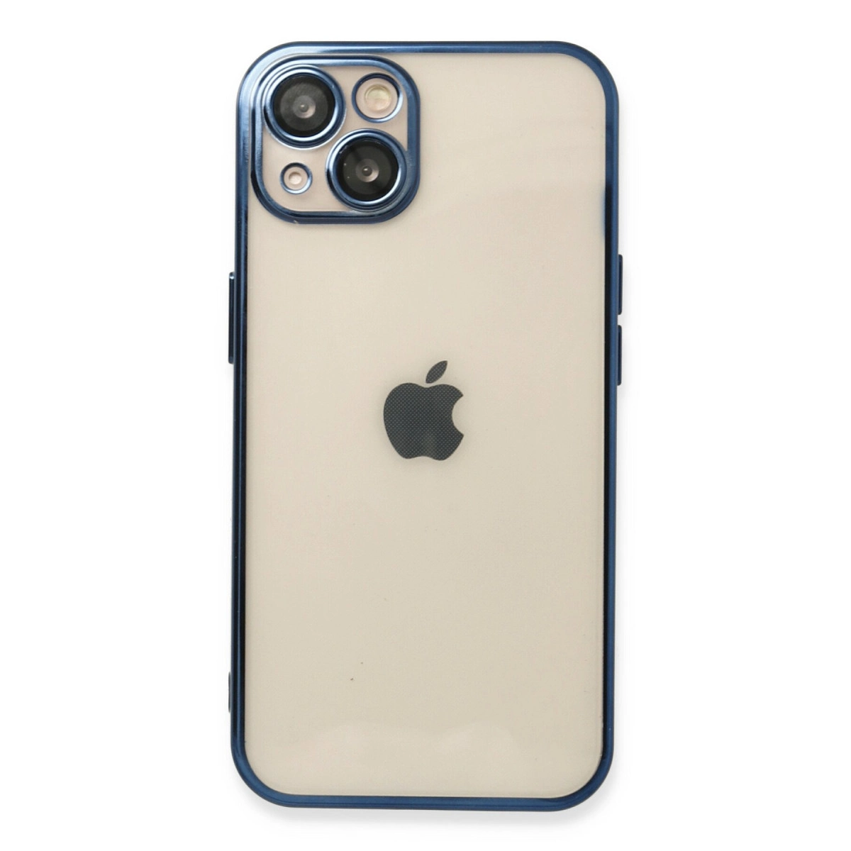 Üç kameralı, mavi çerçeveli şeffaf iPhone'un arka yüzü.
