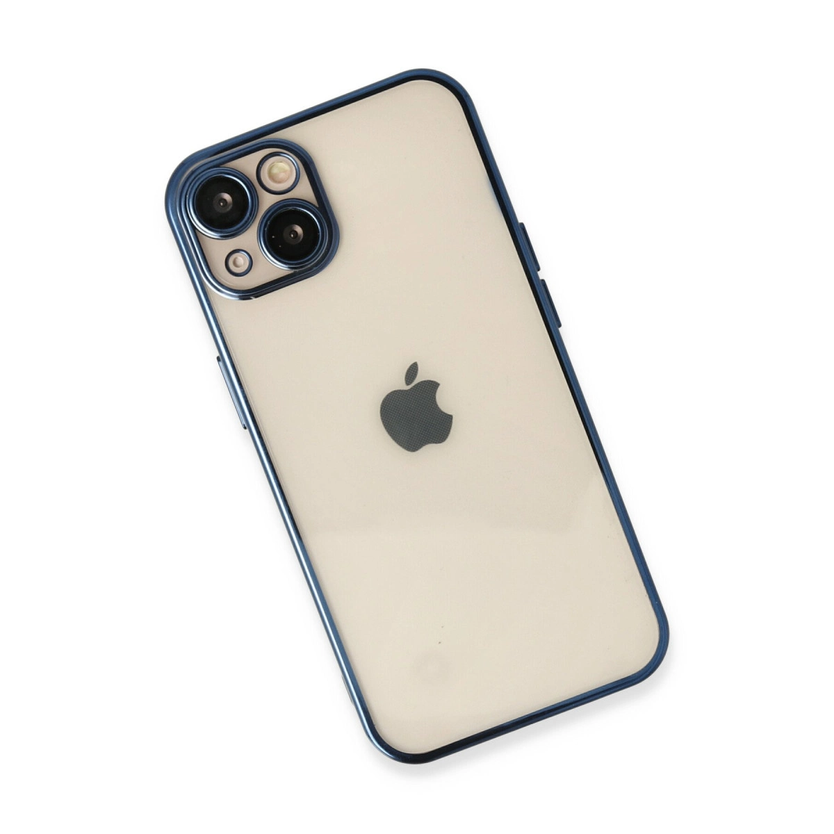 Mavi çerçeveli, üç kameralı iPhone beyaz arka plan üzerinde.