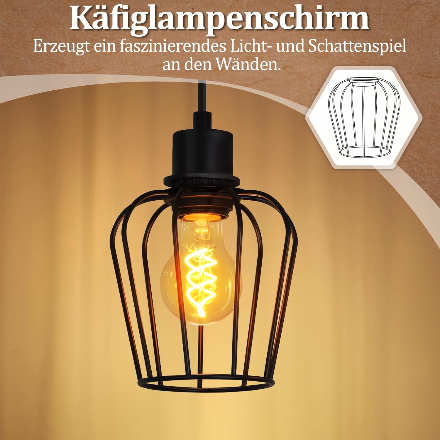 Paralume a gabbia nero con lampadina, crea giochi di luce e ombra.