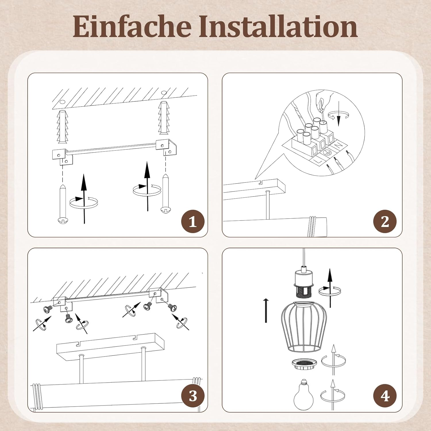 Diagrammi passo passo che mostrano come installare una lampada con viti e fili.