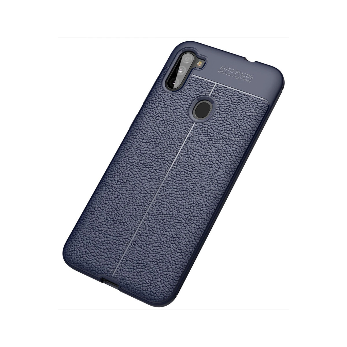 Deri dokulu lacivert telefon kılıfı, parmak izi sensörü kesiği.