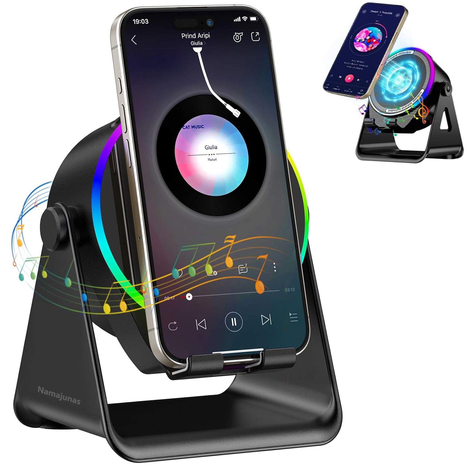 Ein schwarzer Ständer hält ein Smartphone mit Musikwiedergabe, bunten Lichtern und Noten.