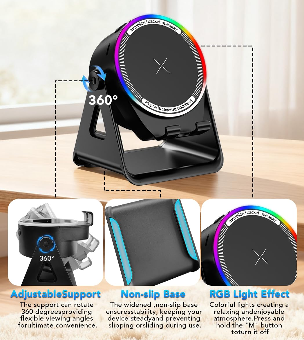 Ein schwarzer Ständer mit einem runden Lautsprecher und RGB-Licht.