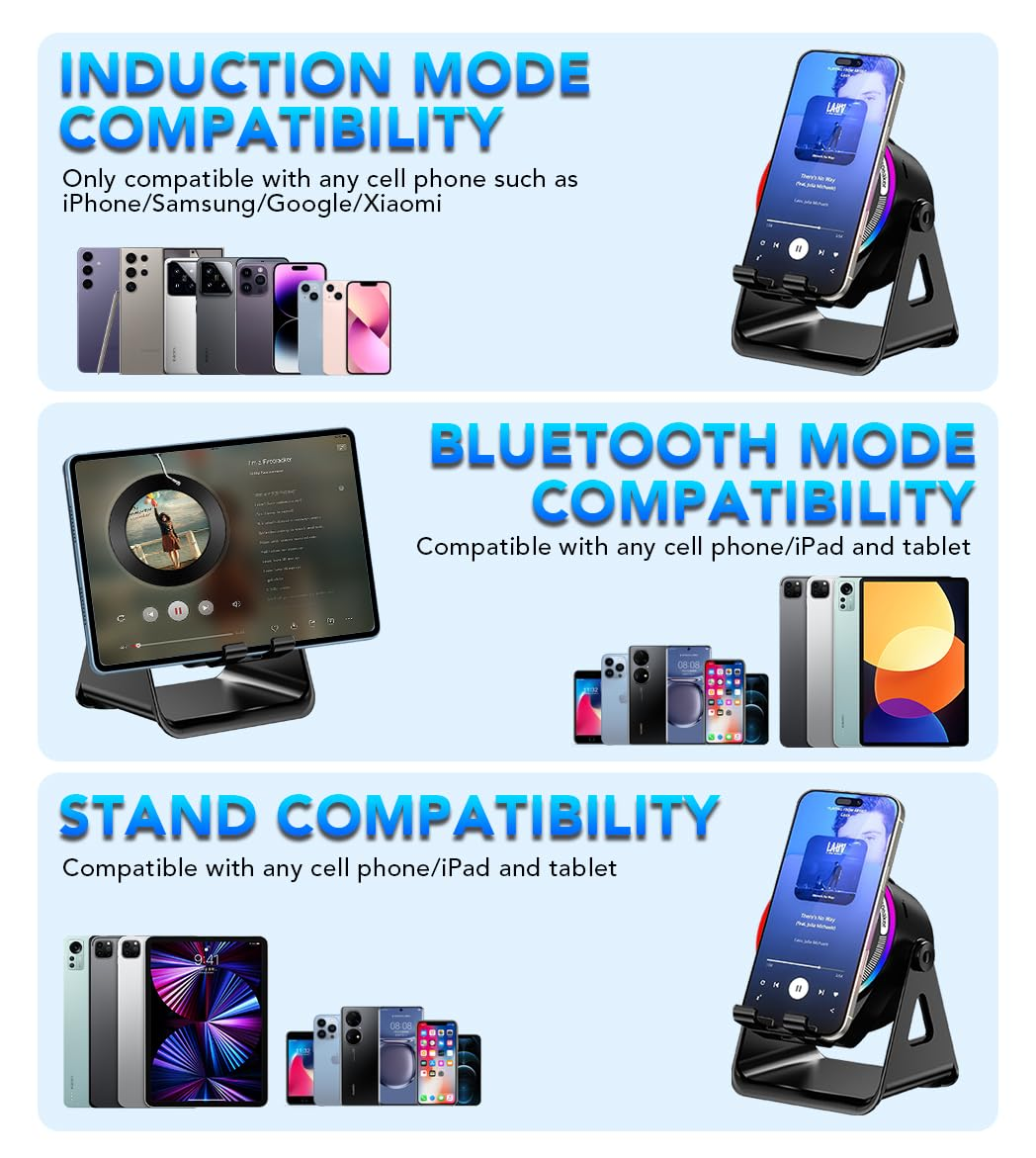 Telefonkompatibilität mit Induktions-, Bluetooth- und Ständer-Modi.