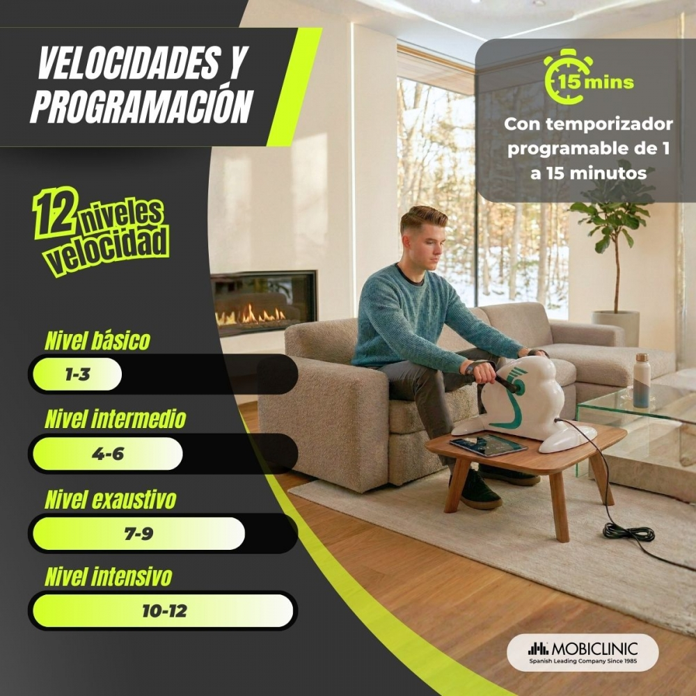 Hombre se ejercita en bicicleta estática con 12 niveles y temporizador.