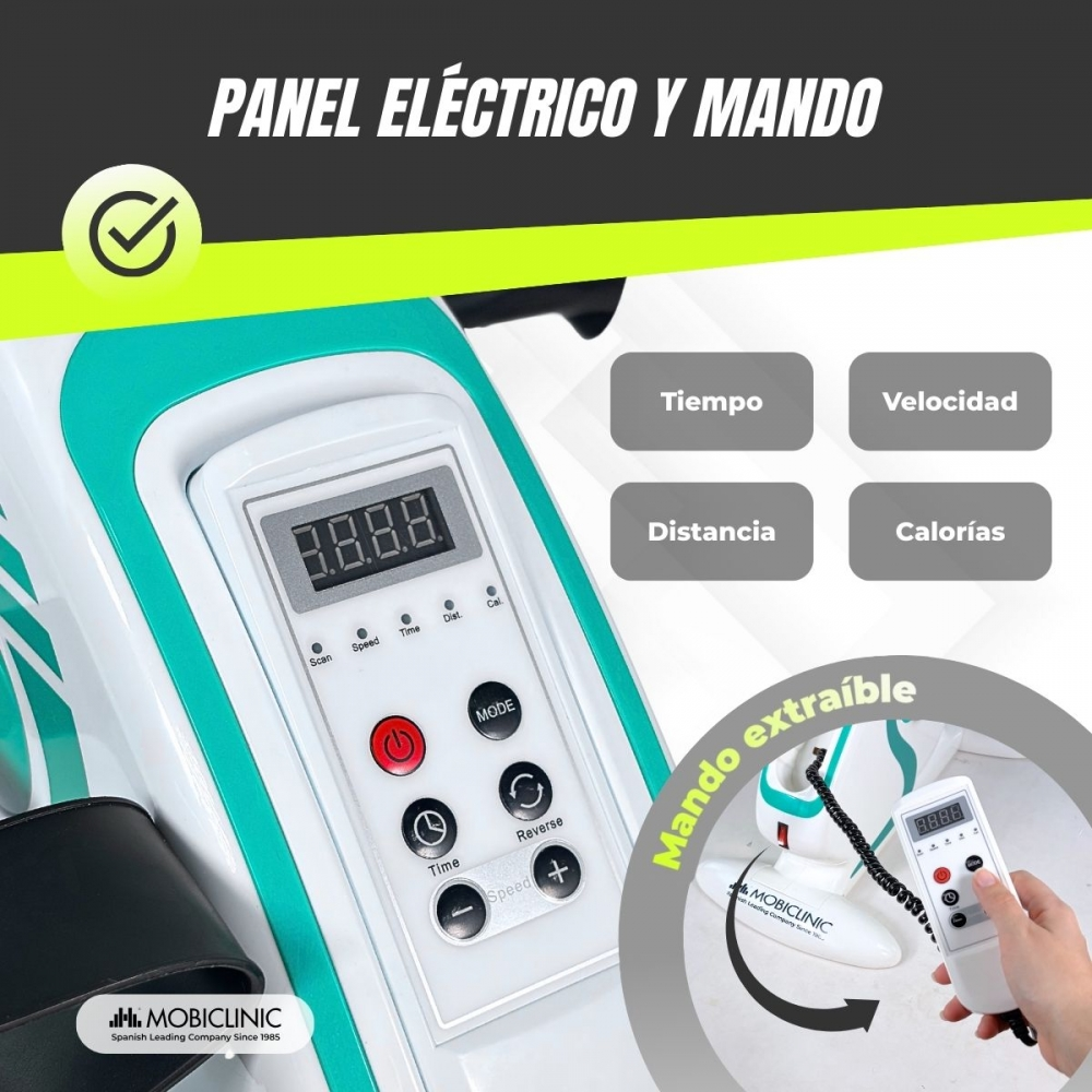 Primer plano del panel de control y mando a distancia de un aparato de fitness.