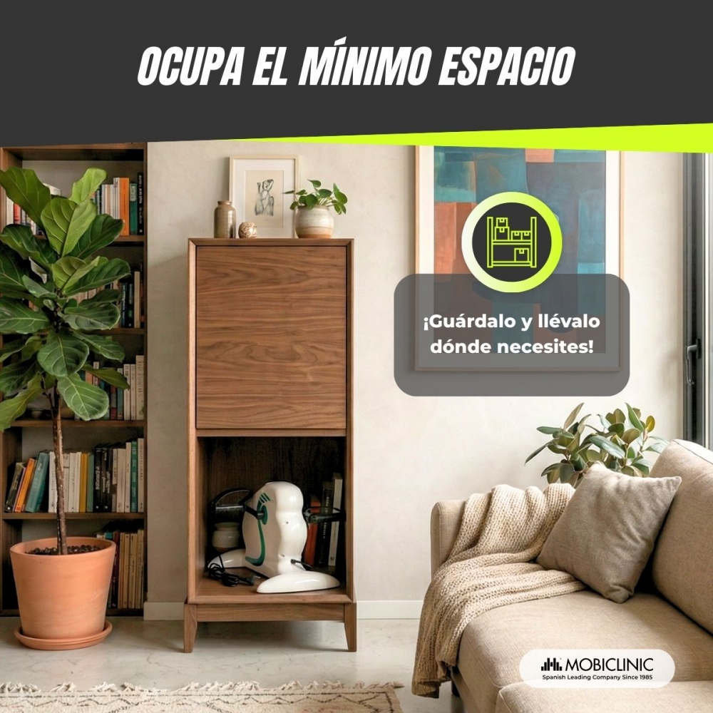 Armario de madera con libros, ventilador y sofá en salón moderno.