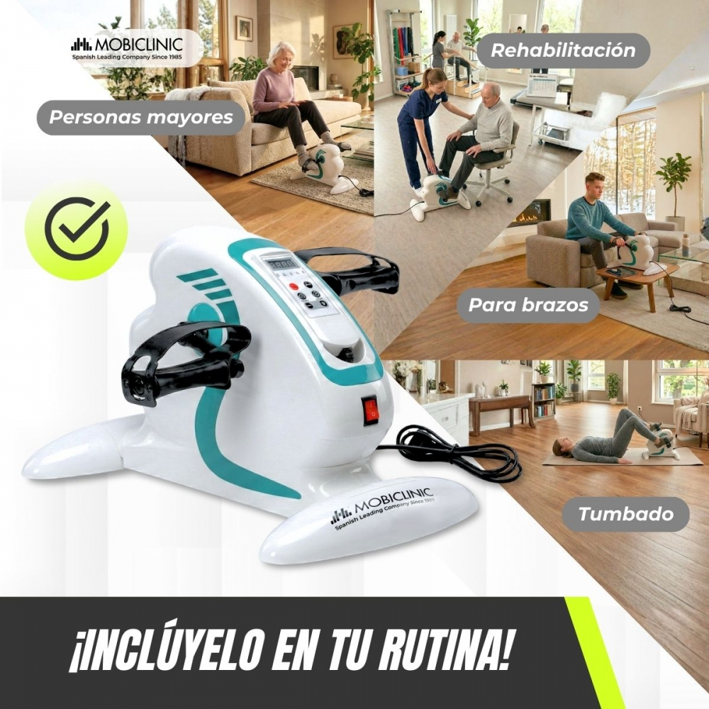 Bicicleta estática blanca y turquesa para brazos y piernas, con mayores y rehabilitación.