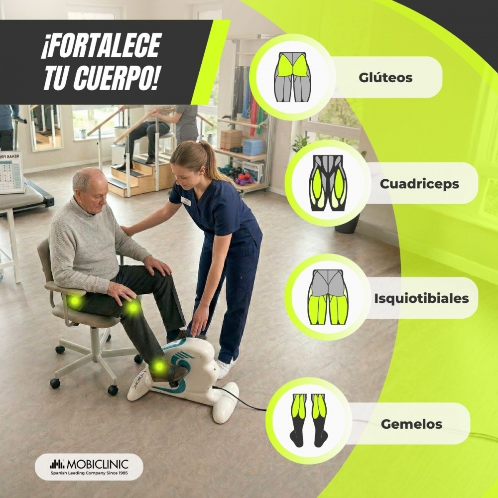 Hombre en bicicleta estática, fisioterapeuta asistiendo. Diagramas musculares a la derecha.