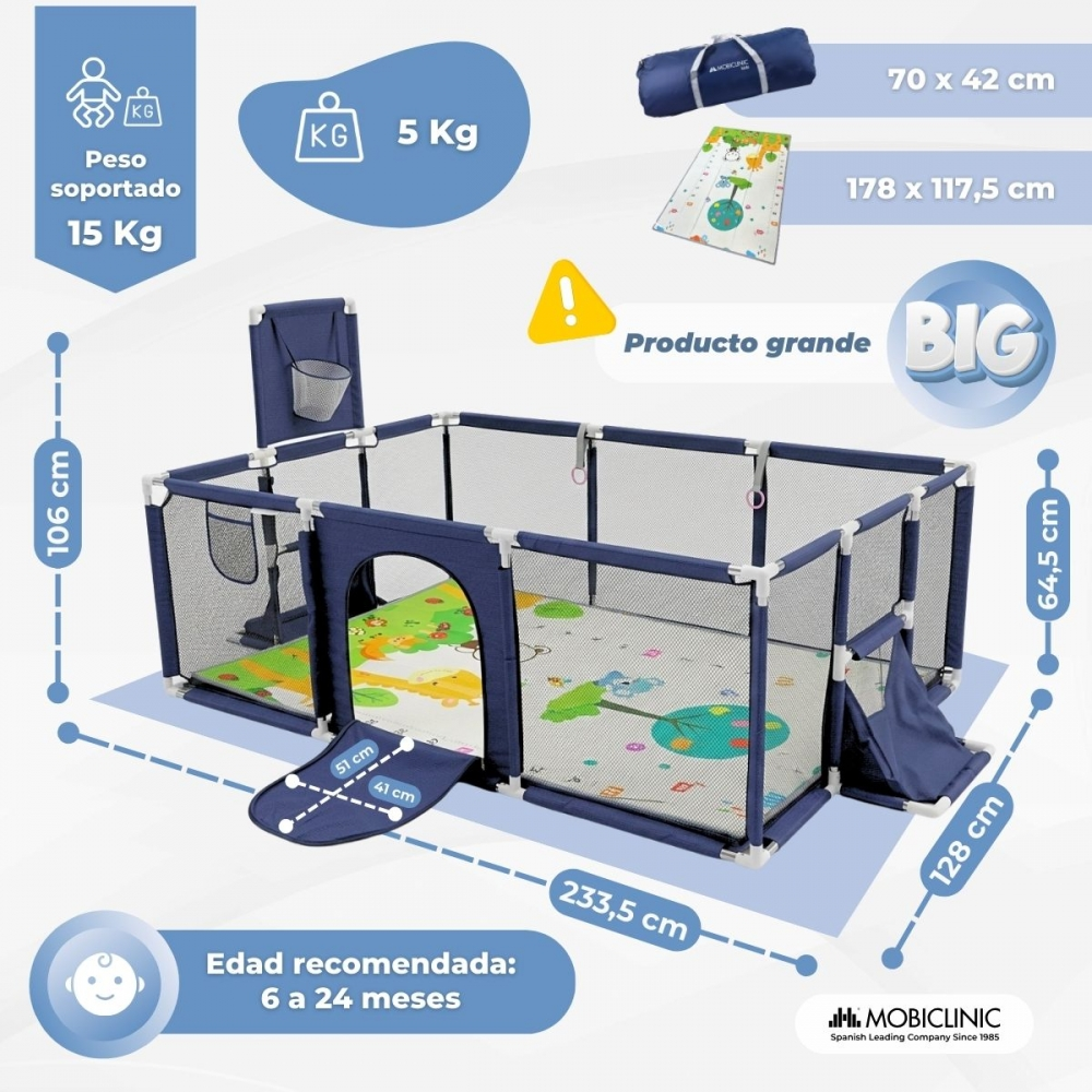 Parque infantil azul marino con alfombra de juegos, medidas e info de peso.