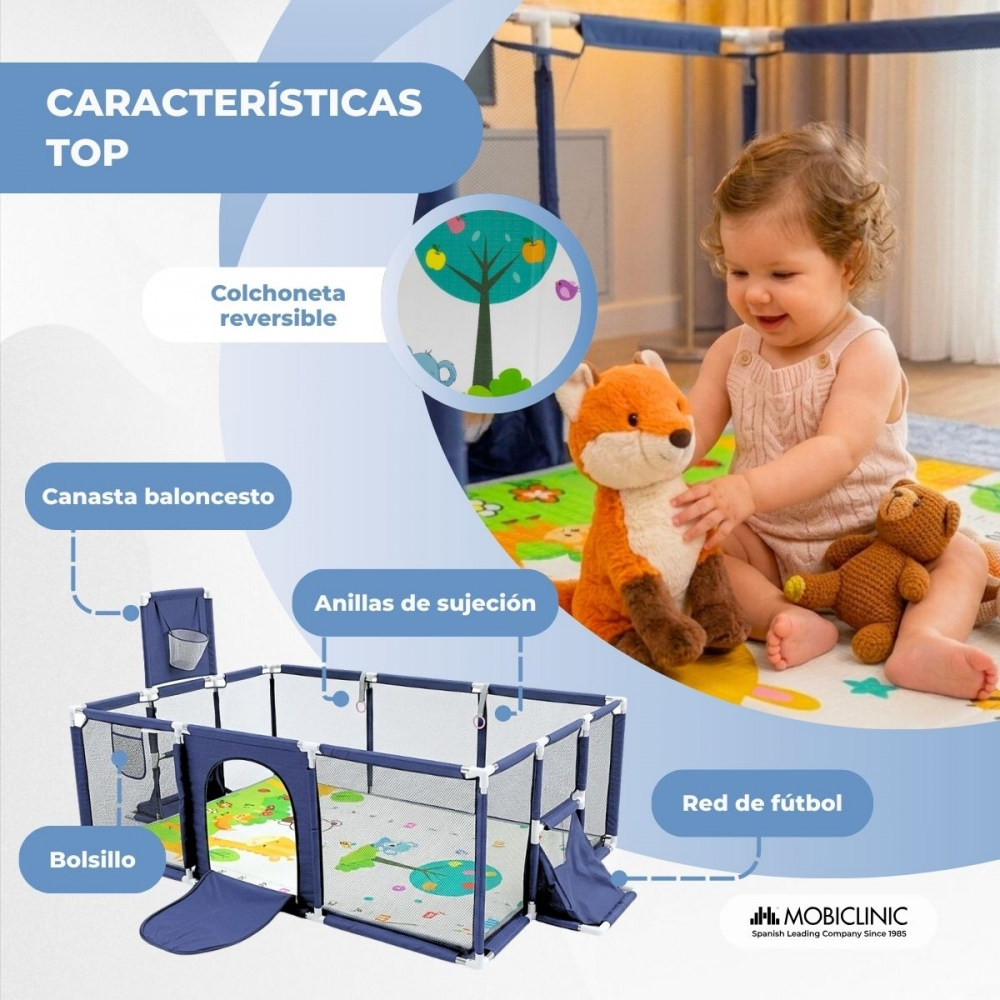 Bebé juega en corralito con juguetes de zorro y oso. Características destacadas.