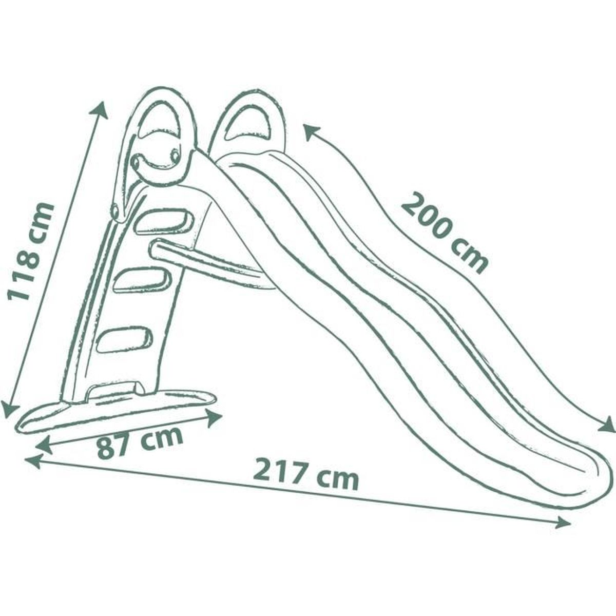 Eine Kinderrutsche mit Maßen: Höhe 118cm, Breite 87cm, Länge 200cm/217cm.