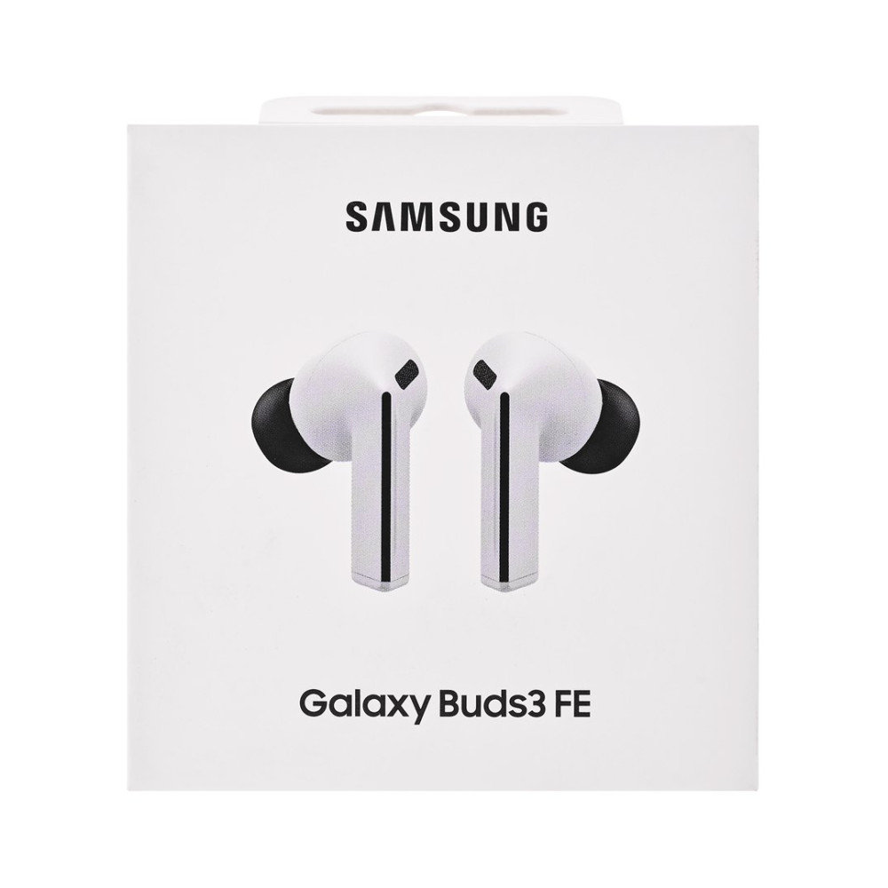 Samsung Galaxy Buds3 FE Verpackung mit weißen Ohrhörern.