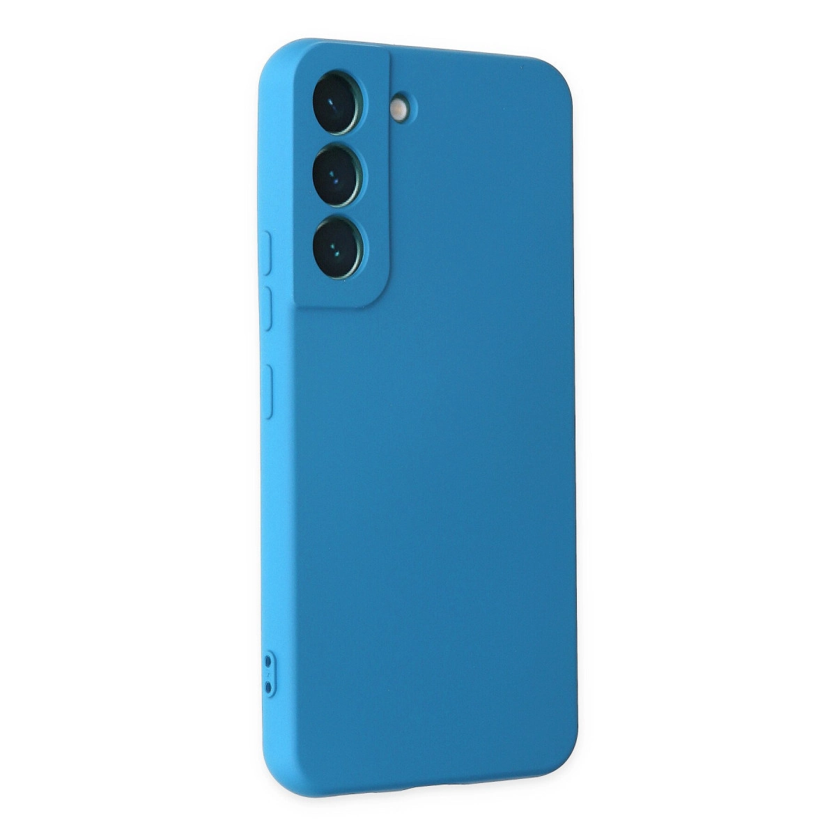 Üç kameralı ve flaşlı mavi telefon kılıfı.