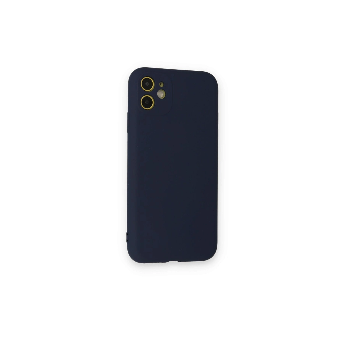 İki kamera lensli ve altın çerçeveli koyu mavi telefon kılıfı.
