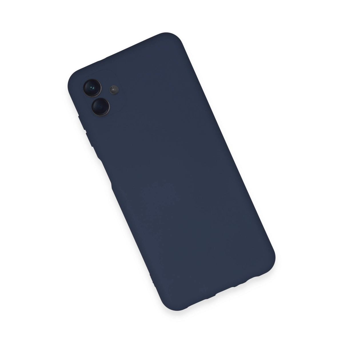 Beyaz arka plan üzerinde iki kameralı lacivert telefon.