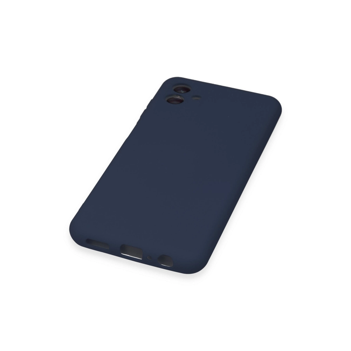Koyu mavi telefon kılıfı, kamera ve portlar için kesikler.
