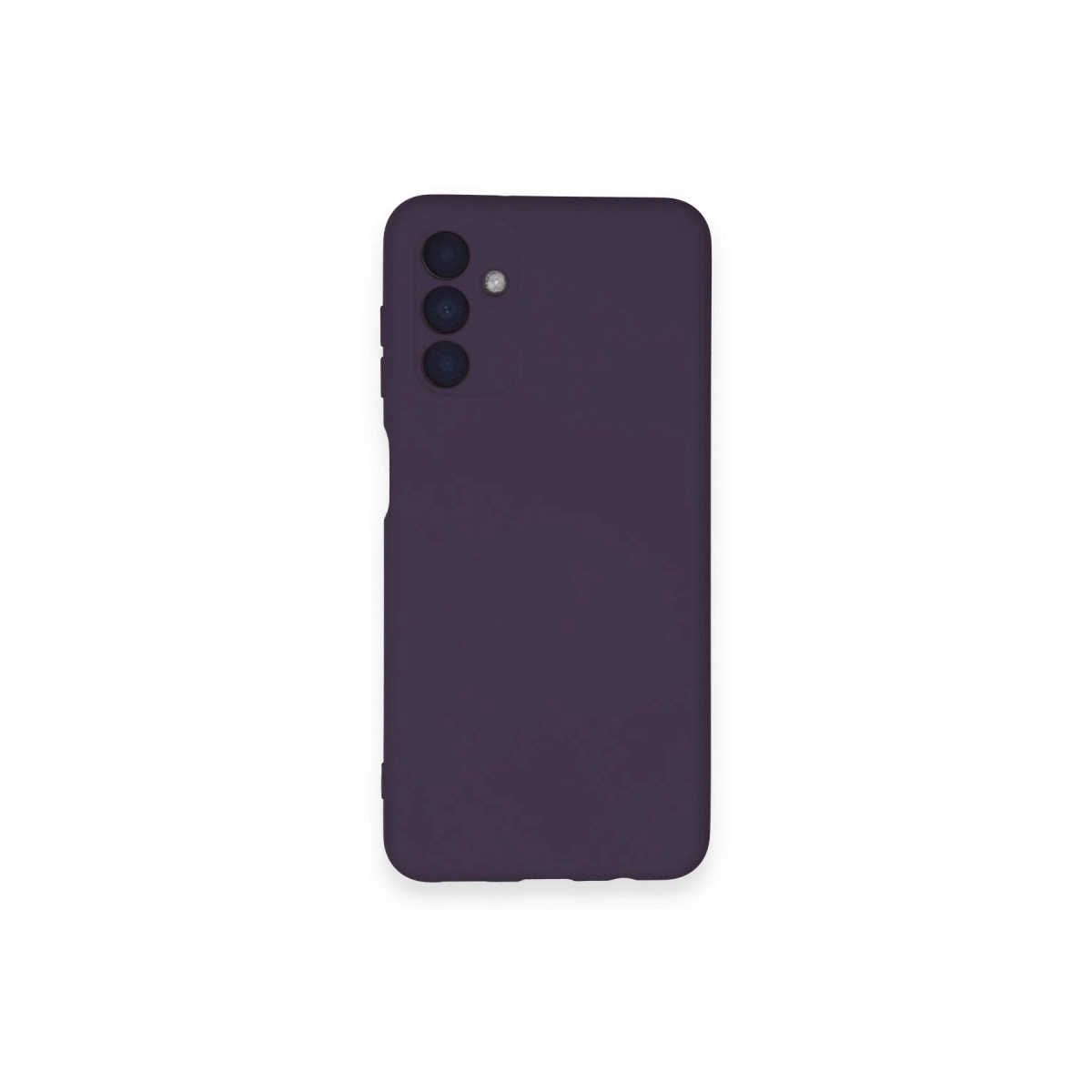 Üç kamera lensi ve flaşı olan koyu mor telefon kılıfı.