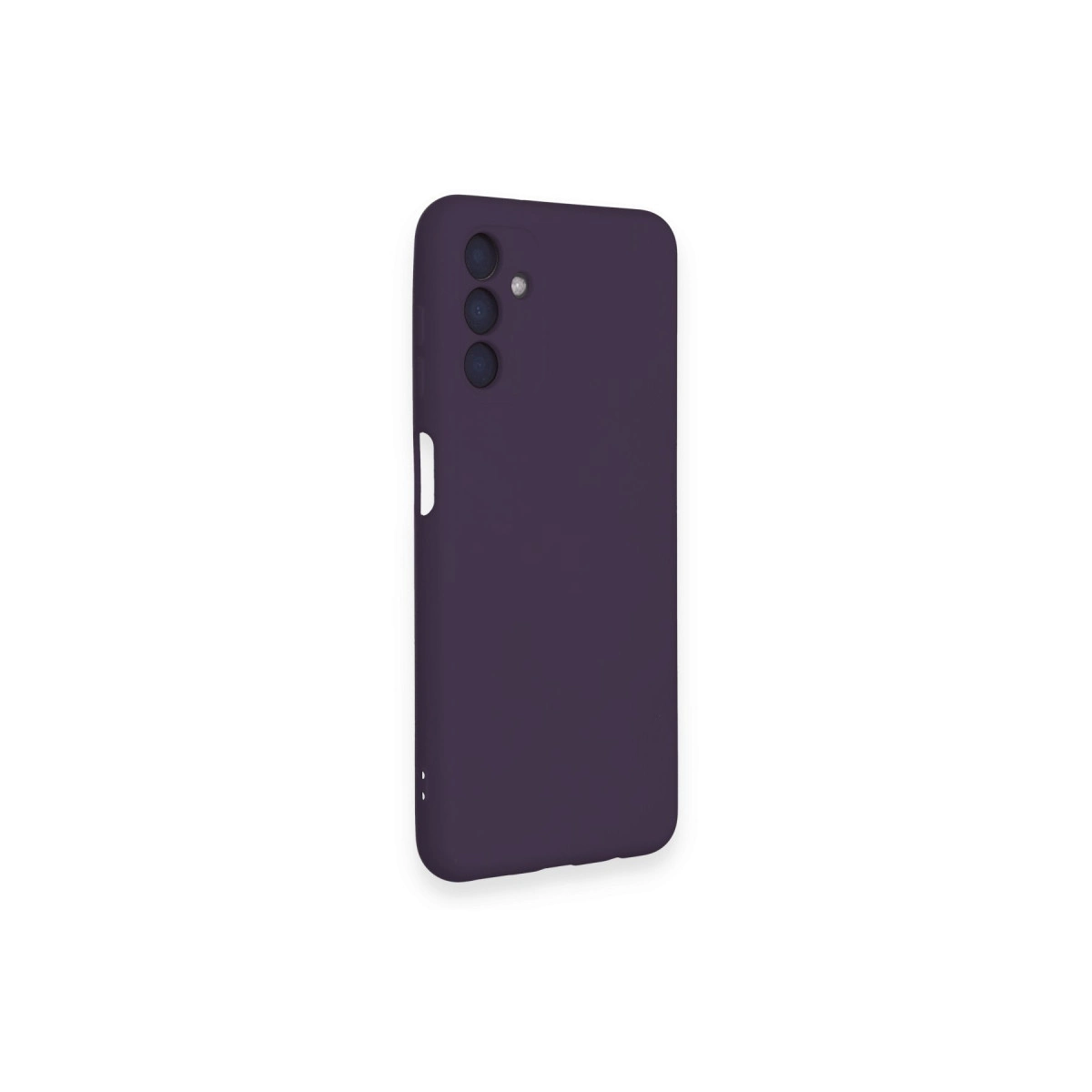 Arkada üç kamera lensli koyu mor telefon kılıfı.