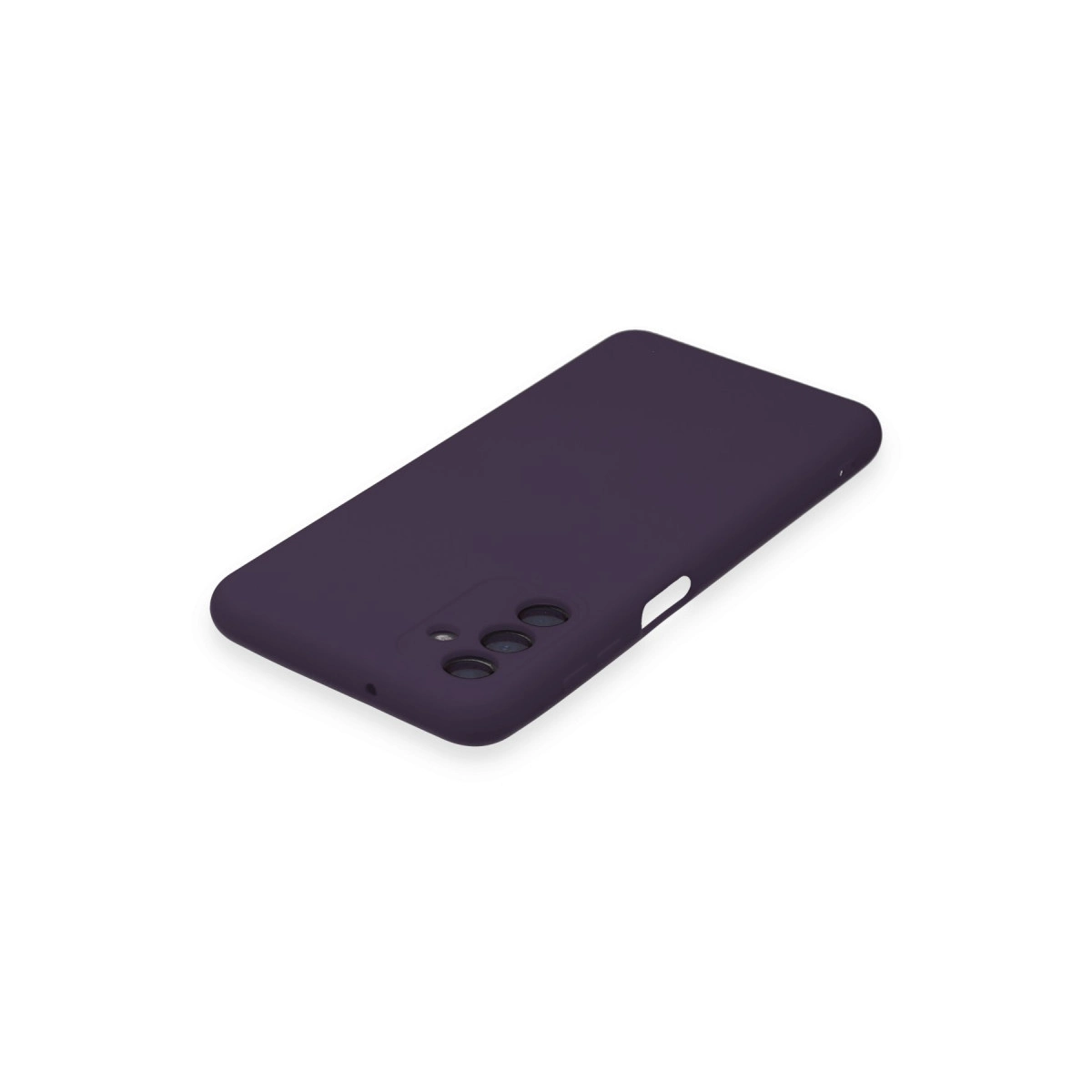 Koyu mor telefon kılıfı, kamera oyuntulu, beyaz arka plan üzerinde.