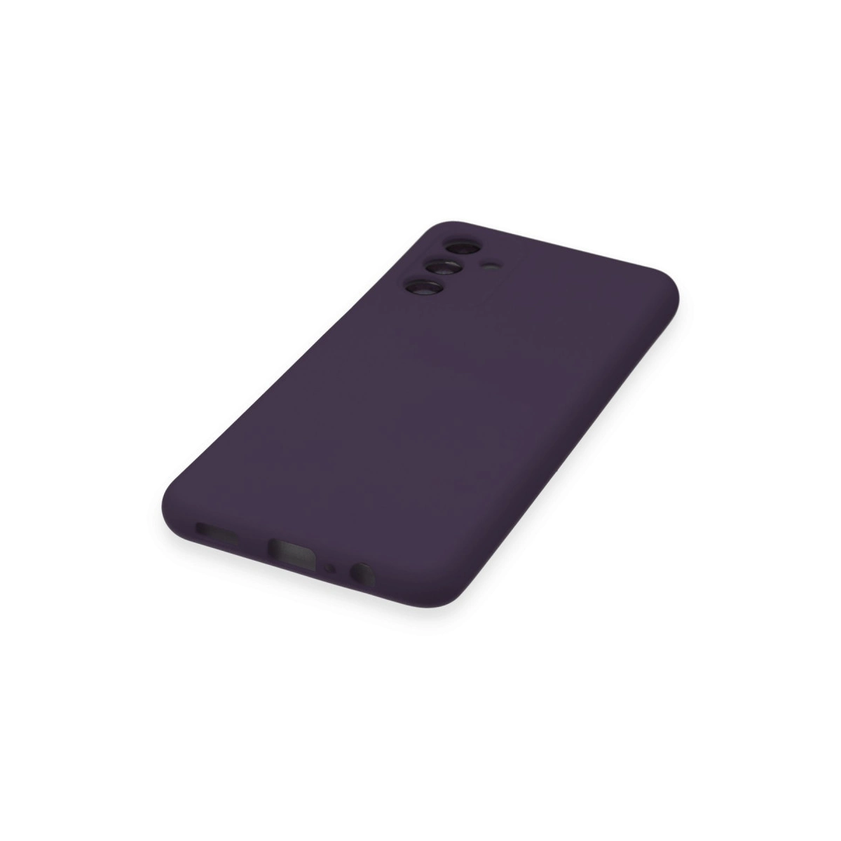 Üç kamera lensi kesimli koyu mor telefon kılıfı.
