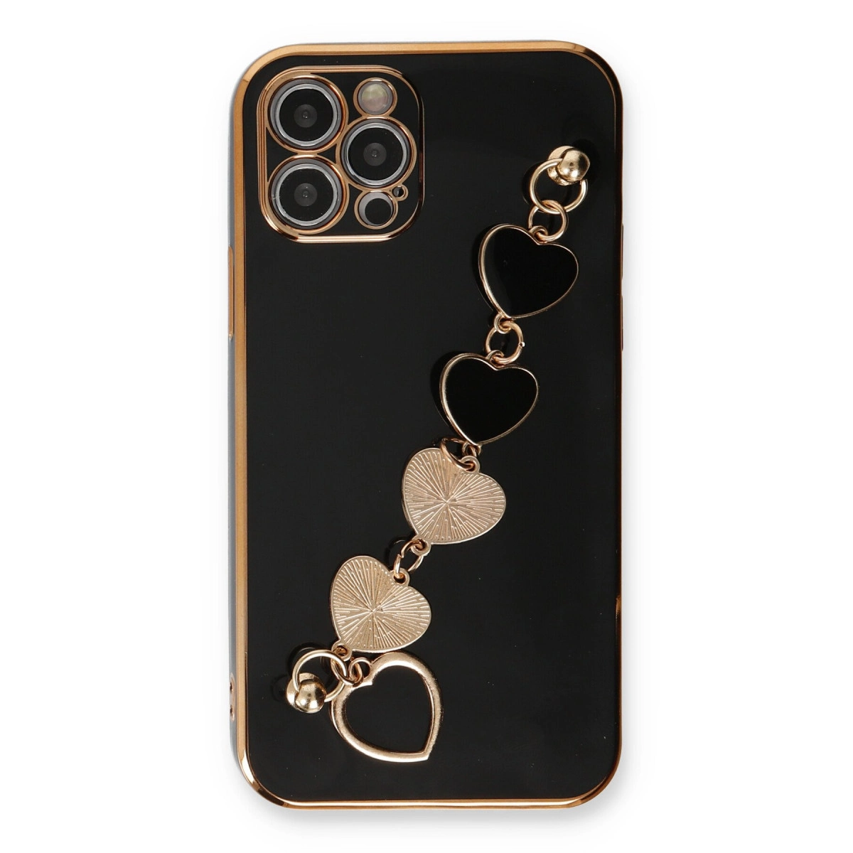 Altın kenarlı siyah iPhone kılıfı ve kalp şeklinde takı zinciri.