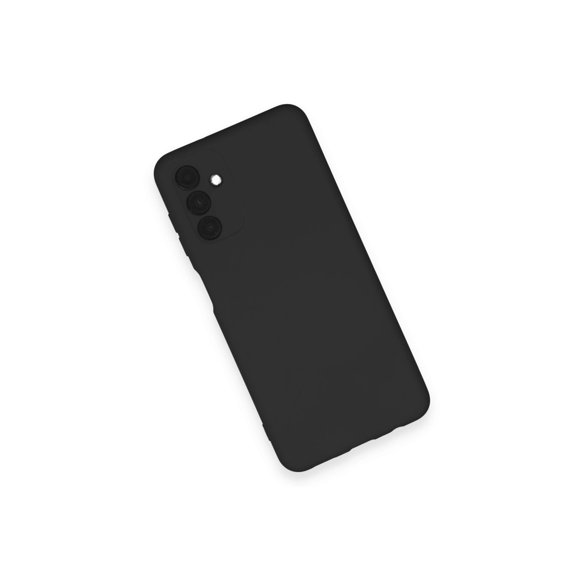 Arkada üç kamera ve flaşa sahip siyah akıllı telefon, beyaz zeminde.
