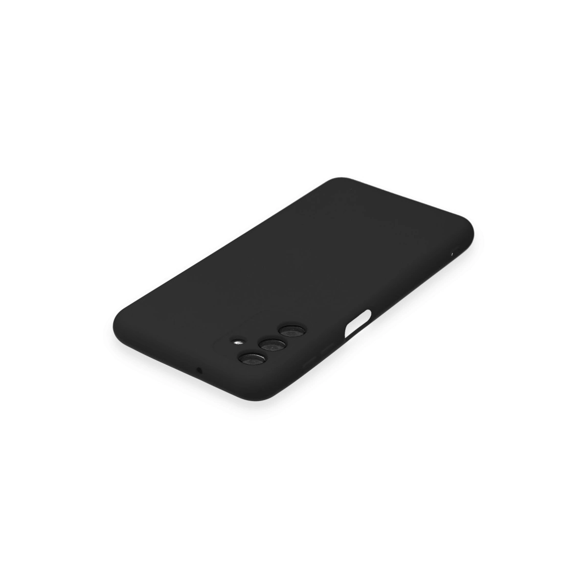 Beyaz arka plan üzerinde üç kamera lensli siyah telefon kılıfı.