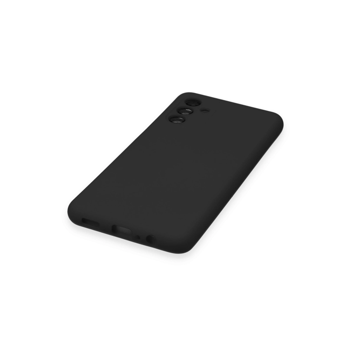 Üç kamera lensi ve portu olan siyah telefon kılıfı, beyaz arka plan.