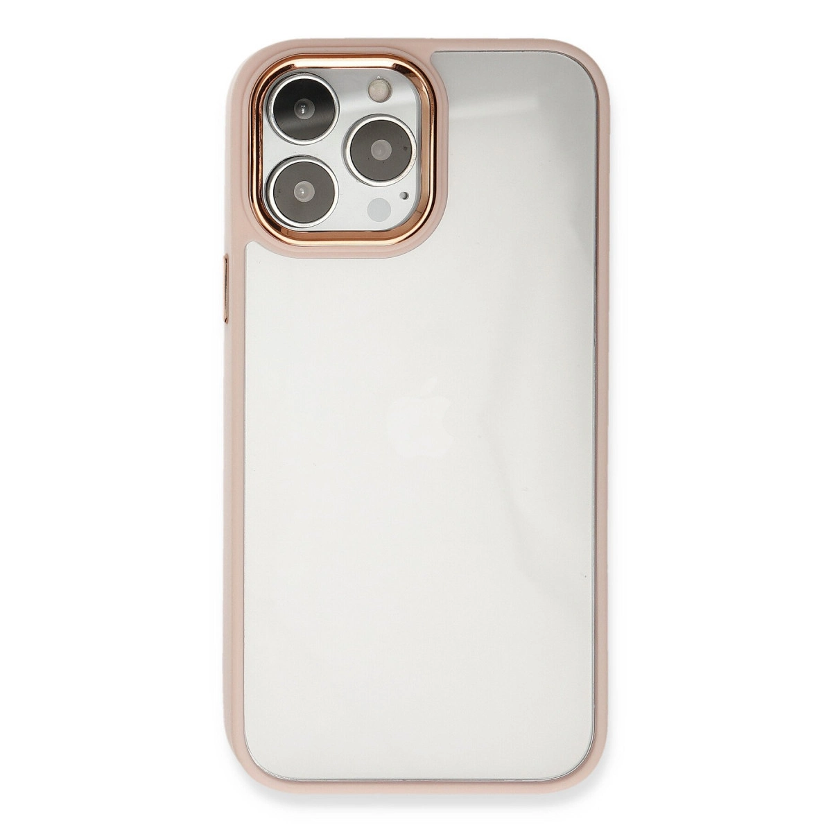 Üç kamera lensli ve şeffaf arkalı, rose gold iPhone kılıfı.