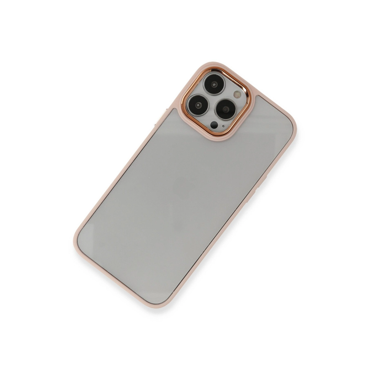 Üç kamera lensli ve rose altın çerçeveli gri telefon kılıfı.