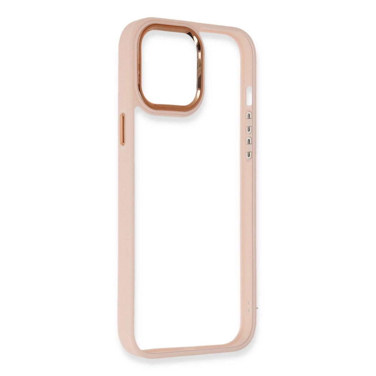 Beyaz arka plan üzerinde, rose gold kenarlıklı şeffaf telefon kılıfı.
