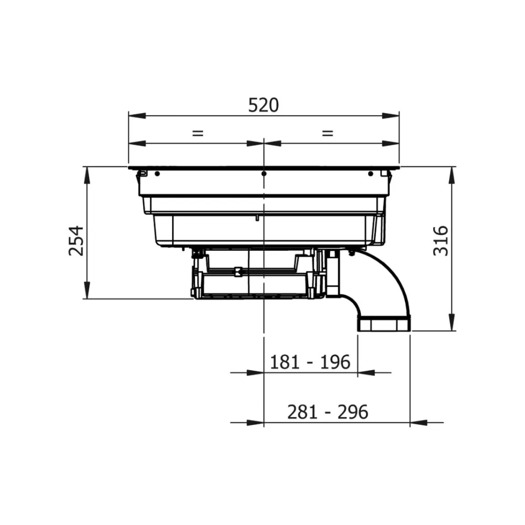 Disegno tecnico di uno scarico a pavimento con dimensioni 520x316x254 mm.