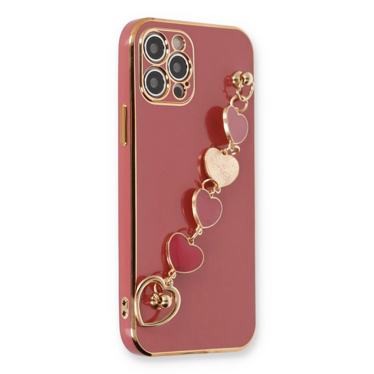 Altın kenarlı, kalp charm kolyeli kırmızı telefon kılıfı.