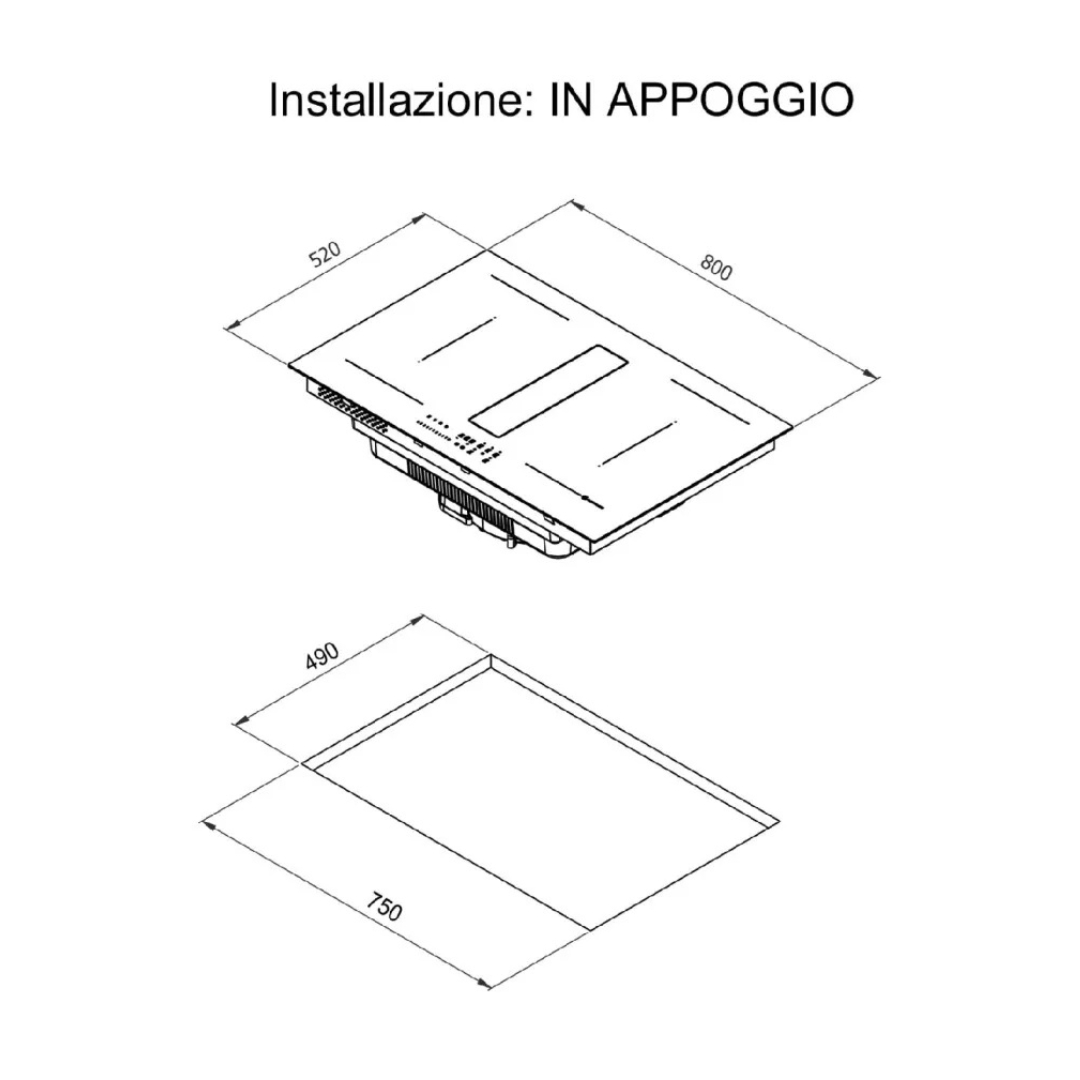 Disegno tecnico di un piano cottura con dimensioni 520x800mm e foro 490x750mm.